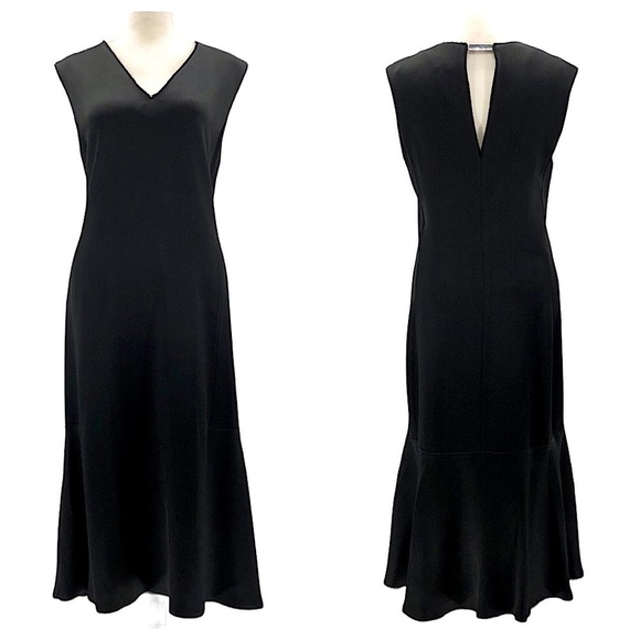 Grey by Jason Wu Black Satin Flounce Hem Sheath Dress V-neck Sleeveless Size 6 - Picture 2 of 10
